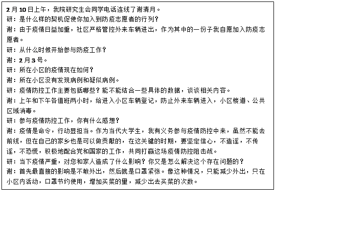 文本框: 2月10日上午，开元官网研究生会同学电话连线了谢清月。研：是什么样的契机促使你加入到防疫志愿者的行列？谢：由于疫情日益加重，社区严格管控外来车辆进出，作为其中的一份子我自愿加入防疫志愿者。研：从什么时候开始参与防疫工作？谢：2月3号。研：所在小区的疫情现在如何？谢：所在小区没有发现病例和疑似病例。研：疫情防控工作主要包括哪些？能不能结合一些具体的数据，谈谈相关内容。谢：上午和下午各值班两小时，给进入小区车辆登记，防止外来车辆进入，小区楼道、公共区域消毒。研：参与疫情防控工作，你有什么感想？谢：疫情是命令，行动显担当。作为当代大学生，我有义务参与疫情防控中来，虽然不能去前线，但在自己的家乡也是可以做贡献的，在这关键的时期，要坚定信心，不造谣，不传谣，不恐慌，积极地配合党和国家的工作，共同打赢这场疫情防控阻击战。研：当下疫情严重，对您和家人造成了什么影响？你又是怎么解决这个存在问题的？谢：首先最直接的影响是不敢外出，然后就是口罩紧张。像这种情况，只能减少外出，只在小区内活动，口罩节约使用，增加买菜的量，减少出去买菜的次数。